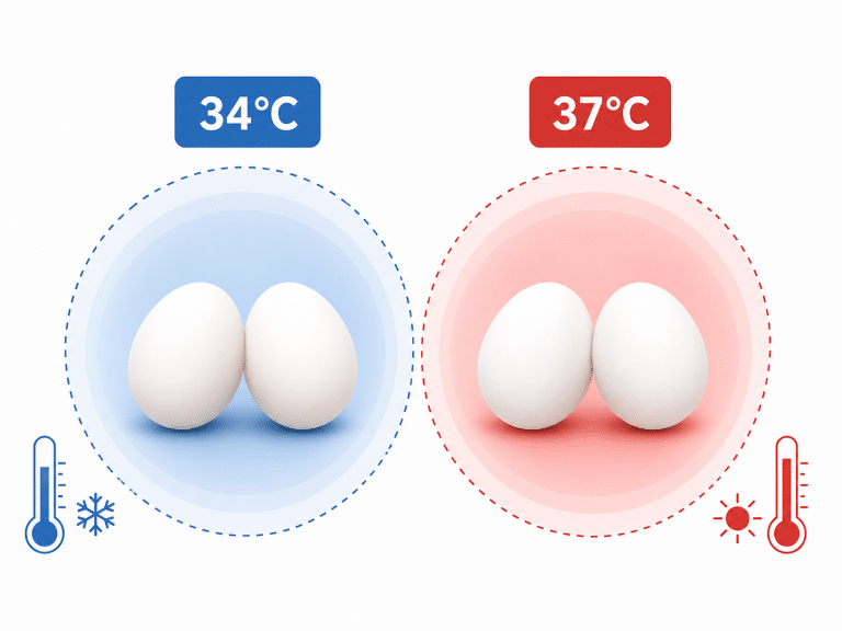 อินโฟกราฟิกเปรียบเทียบอุณหภูมิด้วยไข่ 2 คู่ ซ้าย: ไข่ในโซนเย็น 34°C สีฟ้า (อุณหภูมิอัณฑะที่เหมาะสม) ขวา: ไข่ในโซนร้อน 37°C สีแดง (อุณหภูมิร่างกายปกติ) แสดงเหตุผลที่อัณฑะต้องอยู่นอกร่างกาย เพื่อรักษาอุณหภูมิให้ต่ำกว่าร่างกาย 2-4 องศา