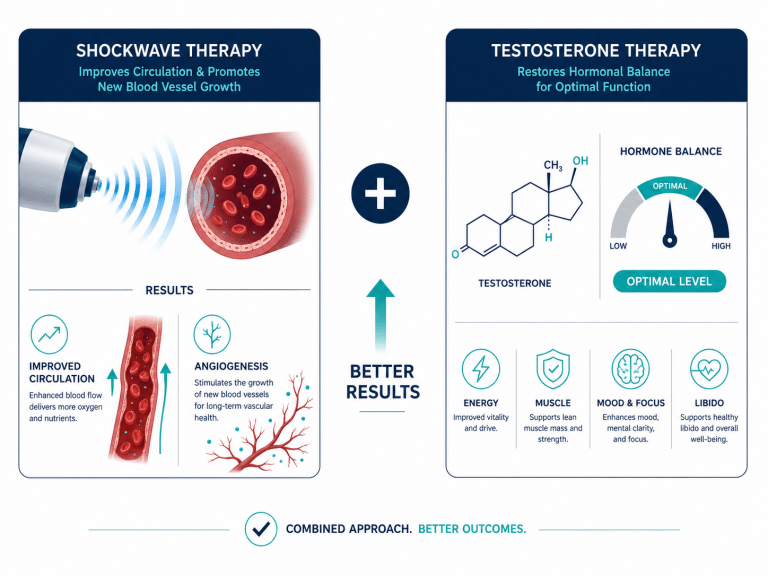 อินโฟกราฟิกเปรียบเทียบ Shockwave Therapy และ Testosterone Therapy ซ้าย: Shockwave ช่วยปรับปรุงการไหลเวียนเลือดและกระตุ้น Angiogenesis ขวา: TRT ปรับสมดุลฮอร์โมน Testosterone สู่ระดับ Optimal พร้อมผลลัพธ์ด้านพลังงาน กล้ามเนื้อ อารมณ์ และ Libido Combined Approach Better Outcomes