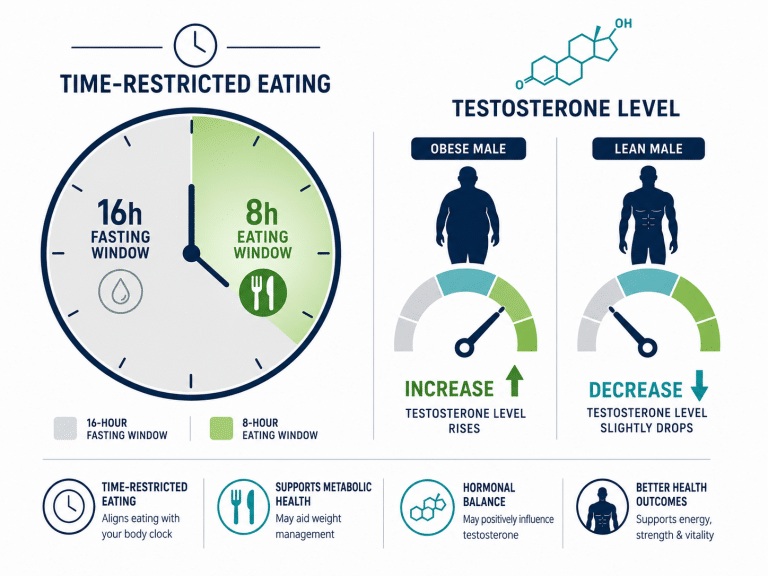 อินโฟกราฟิกเปรียบเทียบการทำ Intermittent Fasting แบบ 16:8 กับระดับฮอร์โมนเทสโทสเตอโรนในผู้ชายอ้วนและผู้ชายรูปร่างฟิต