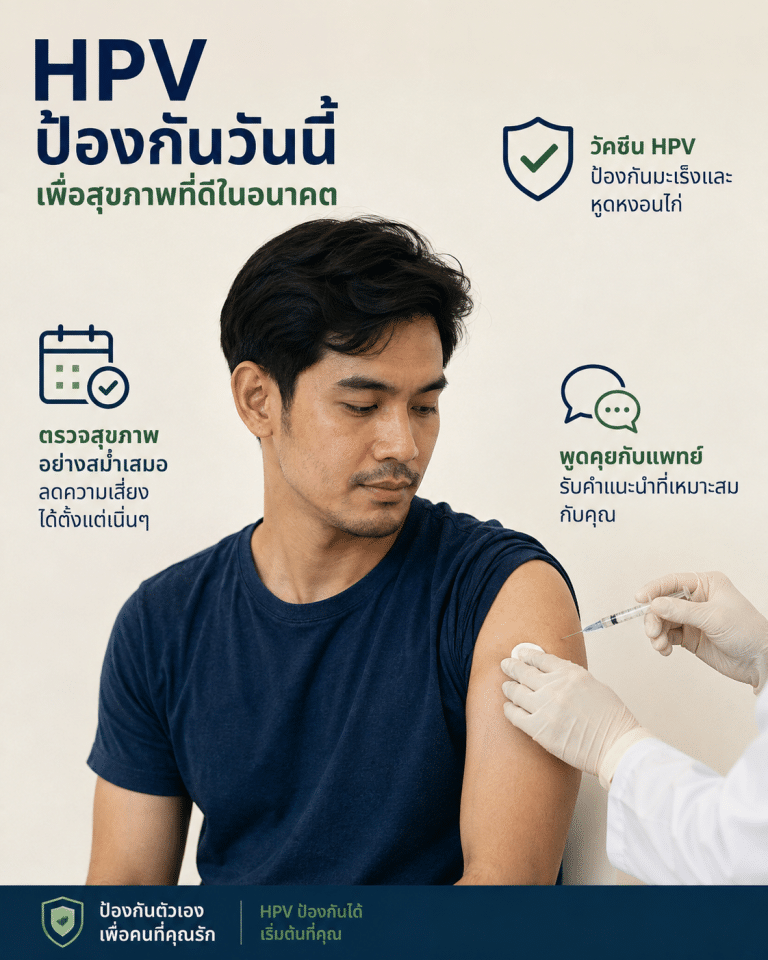 อินโฟกราฟิกแสดงชายเอเชียกำลังฉีดวัคซีน HPV พร้อมไอคอนแนะนำเรื่องวัคซีน การตรวจสุขภาพสม่ำเสมอ และการปรึกษาแพทย์