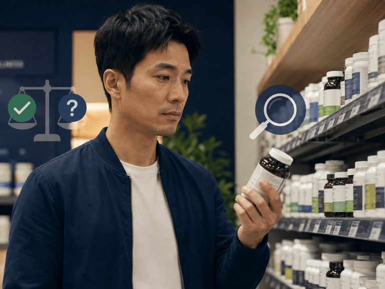 Asian man examining a supplement bottle label thoughtfully in a pharmacy aisle, questioning its health claims