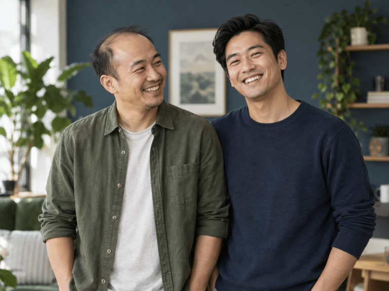 Two Asian men laughing together, one with a receding hairline and one with full hair, illustrating that hair loss isn't linked to testosterone levels ชายเอเชียสองคนหัวเราะด้วยกัน คนหนึ่งผมร่วงและอีกคนผมดก สื่อว่าผมร่วงไม่เกี่ยวกับระดับเทสโทสเตอโรน