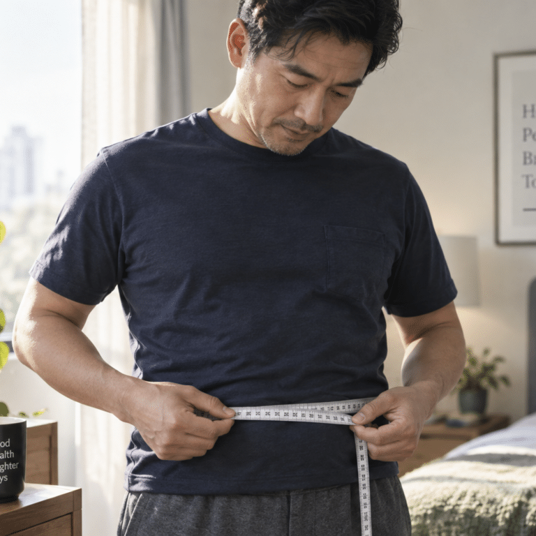 Asian man measuring his waist with a tape measure at home, checking for metabolic syndrome risk ชายเอเชียกำลังวัดรอบเอวด้วยสายวัดที่บ้าน เพื่อประเมินความเสี่ยงภาวะเมตาบอลิกซินโดรม