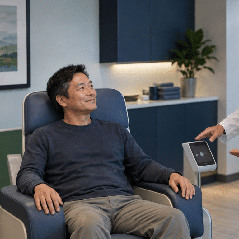 Man relaxing in a clinic treatment chair while a doctor explains a non-invasive therapy device ชายกำลังนั่งพักผ่อนบนเก้าอี้บำบัดในคลินิก ขณะแพทย์อธิบายอุปกรณ์รักษาแบบไม่รุกล้ำร่างกาย